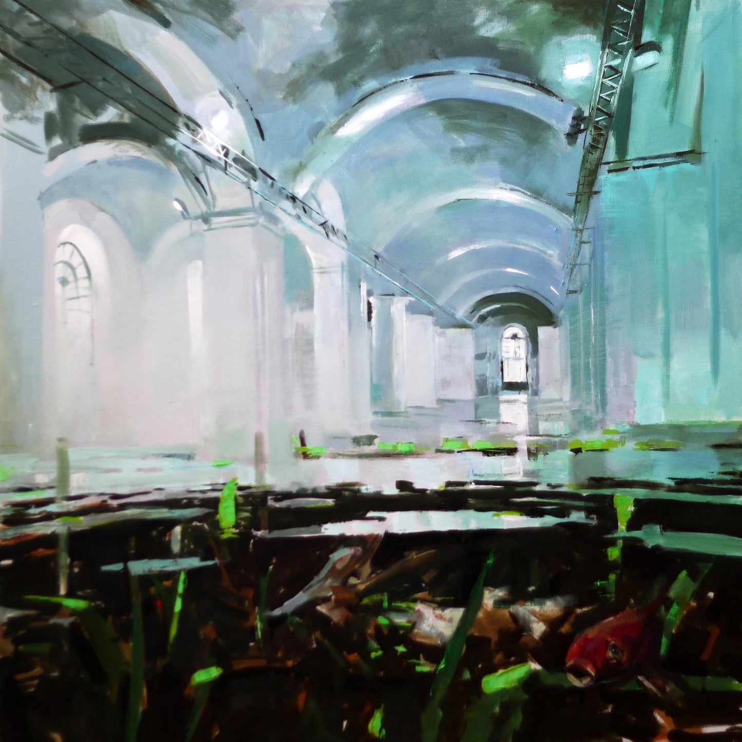 Surreal oil painting by Arsenal Ed Potapenkov of abandoned cathedral interior in blue-green light