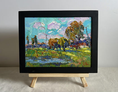 Oil painting Near the village lake by Oksana Ivanyuk in black frame