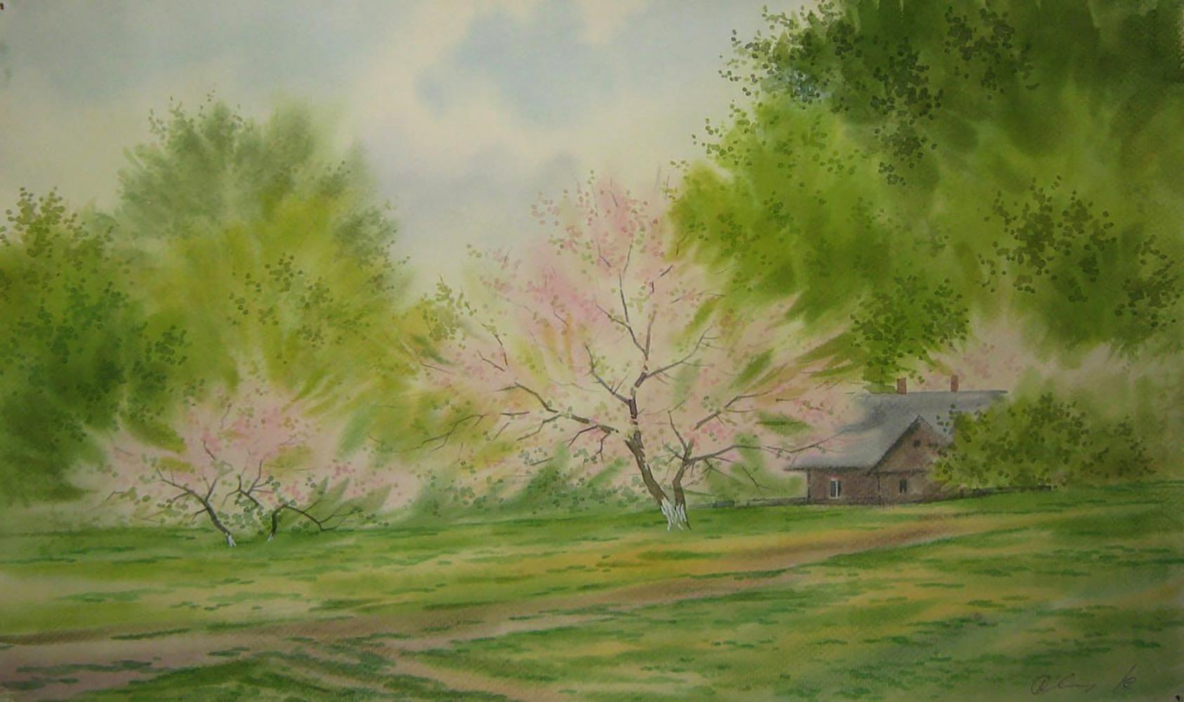Watercolor painting of rustic house in blooming trees by Valery Savenets