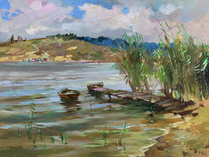 Rustic dock in calm water by reeds, oil painting by Yuriy Suprunchuk