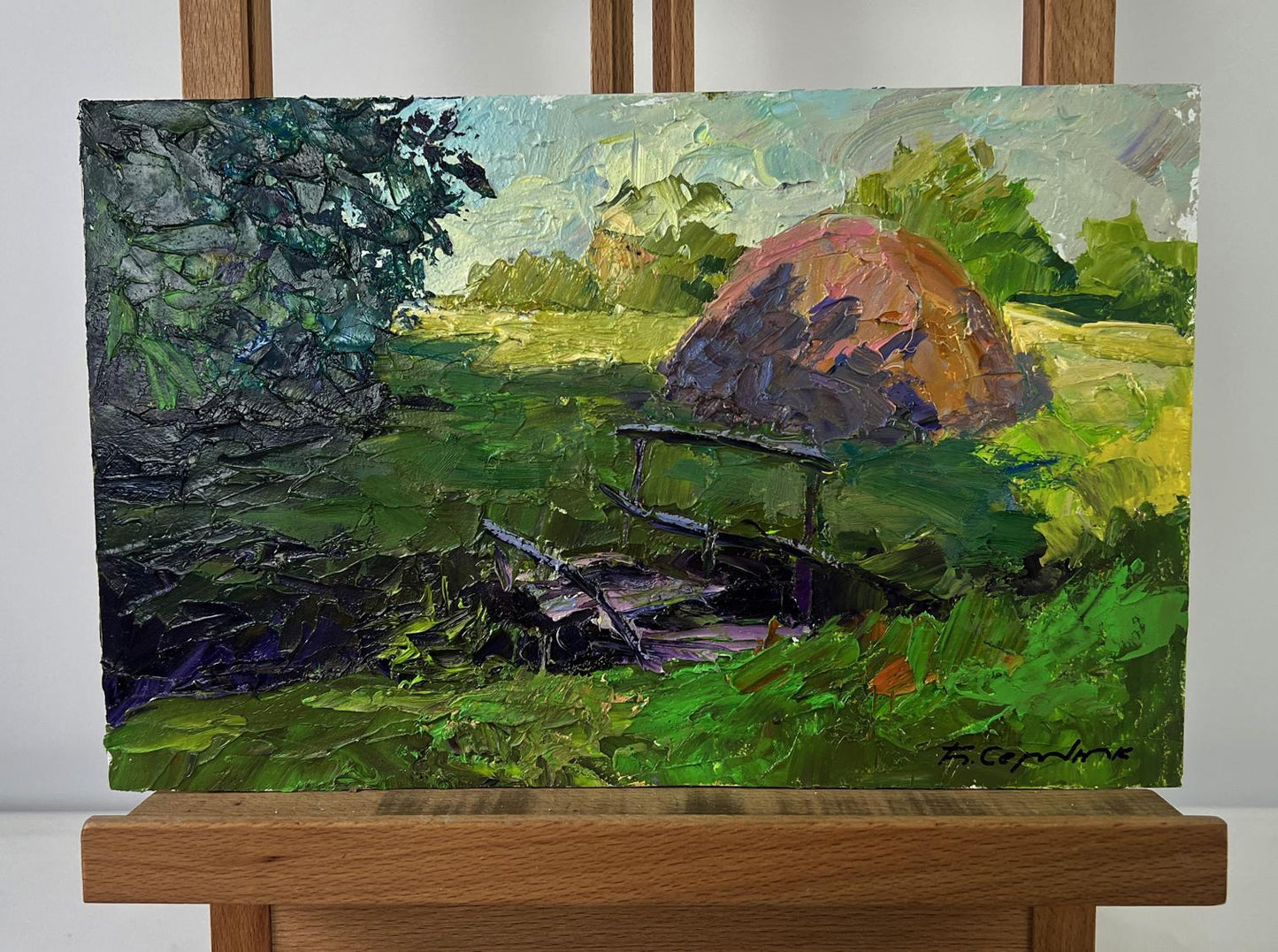 Vibrant impressionist oil painting of rustic thatched hut by Boris Serdyuk