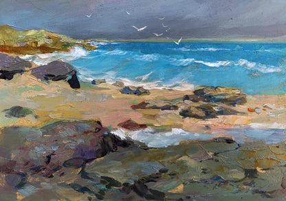 Oil painting of white seagulls on turquoise waves crashing against rugged shoreline by Yuriy Suprunchuk