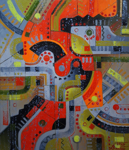 Vibrant oil painting A walk around the city by Sergiy Voichenko with bold orange yellow gray geometric shapes