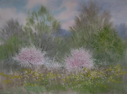 Watercolor painting of blooming pink spring bushes by Valery Savenets