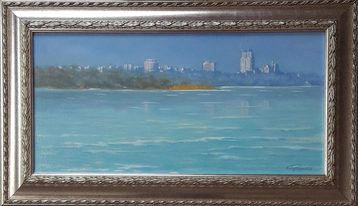 Silver ornate frame with Vasily Korkishko oil painting of turquoise water and cityscape