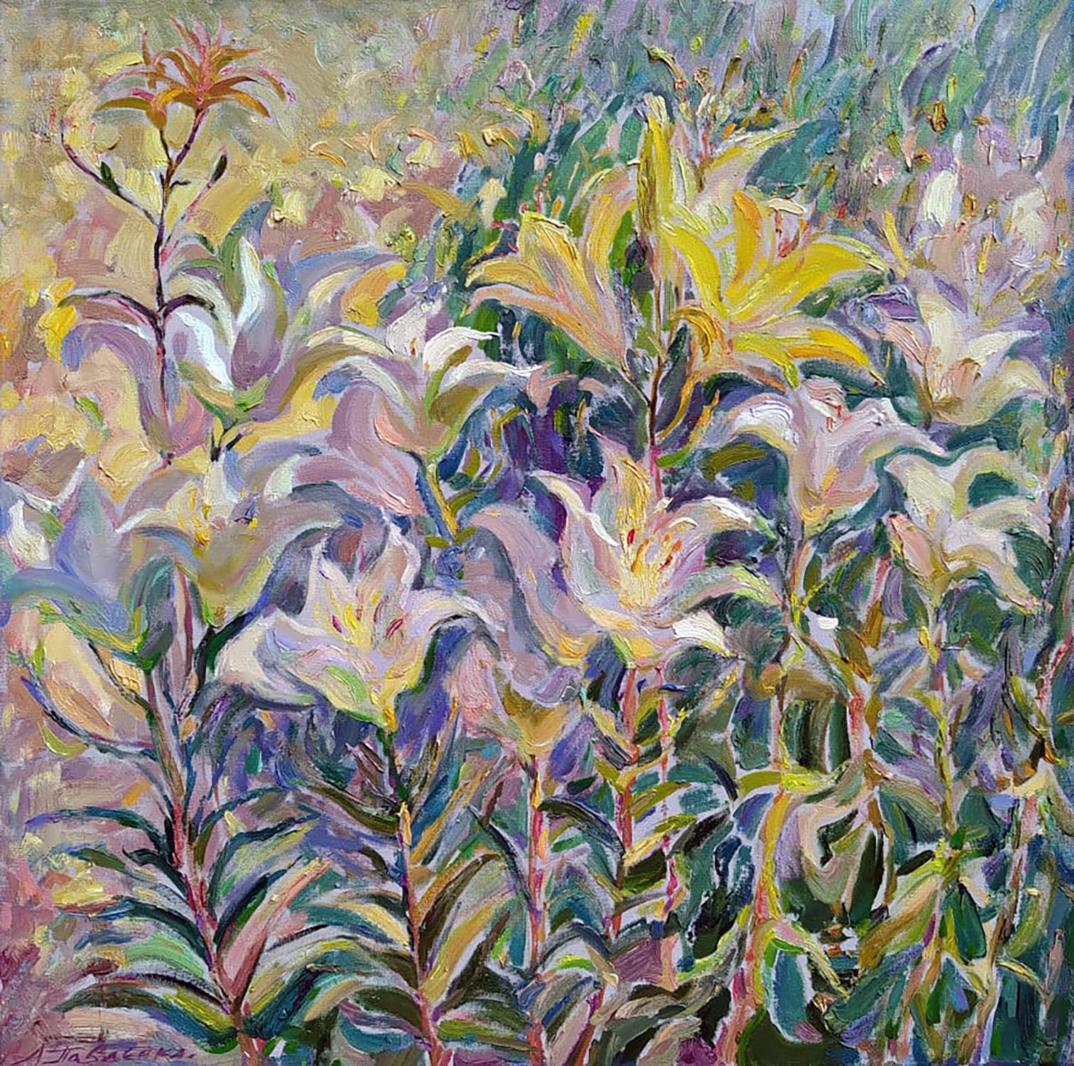 Vibrant impressionistic oil painting of lilies in the garden by Leonid Pavlenko