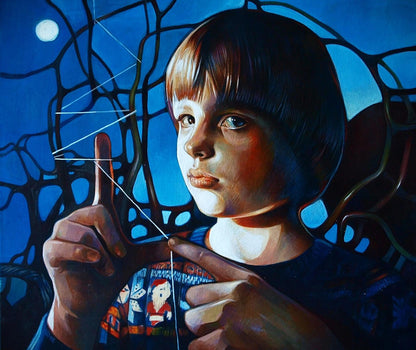 Oil painting Start of questions Konsta G. Amelinn: boy with brown hair blue eyes cartoon shirt