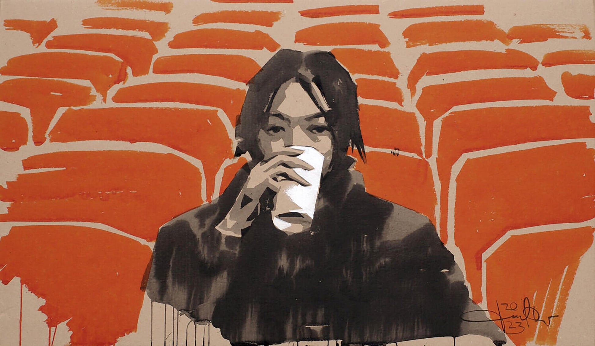 Stylized black-and-white moviegoer Dima Filatov holding cup on orange brick wall