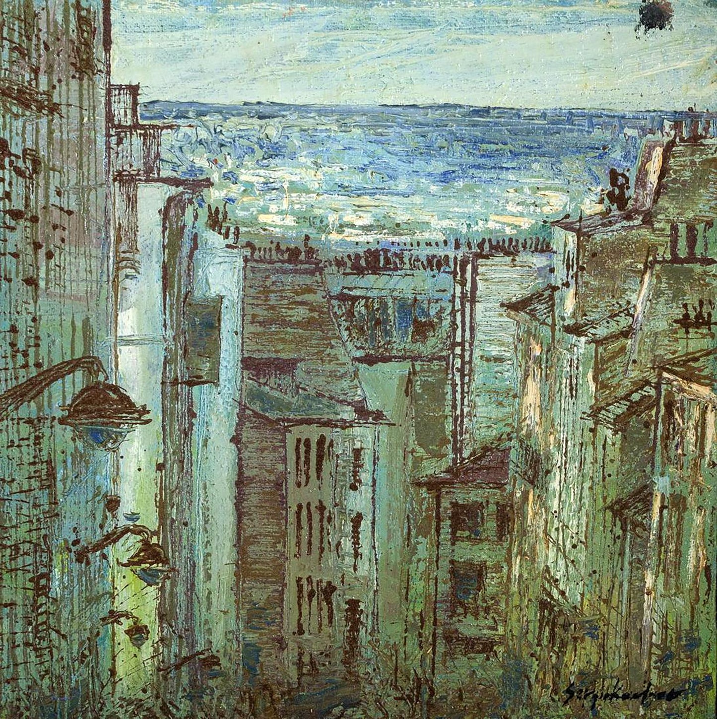 Textured impressionistic cityscape oil painting by Serhiy Kovalev in cool blues and greens