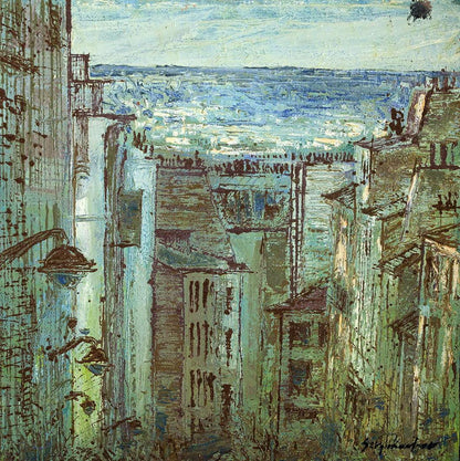 Textured impressionistic cityscape oil painting by Serhiy Kovalev in cool blues and greens