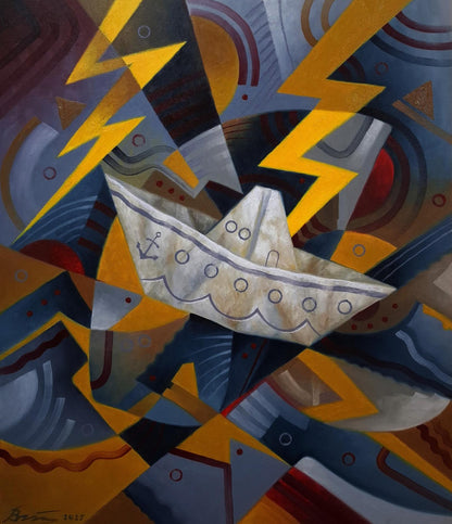 Oil painting of white paper ship in storm by Sergiy Voichenko
