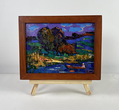 Oil painting In the evening by the river by Oleksiy Ivanyuk in brown frame