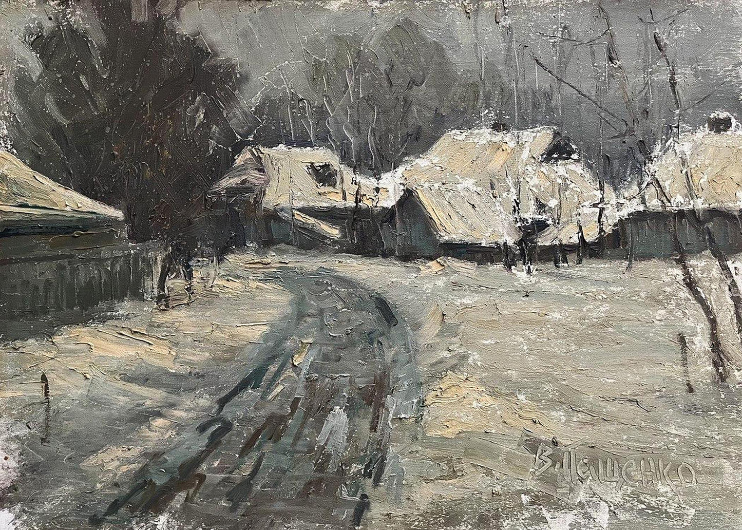 Oil painting Winter in the village by Volodymyr Pashchenko: snow-covered thatched cottages
