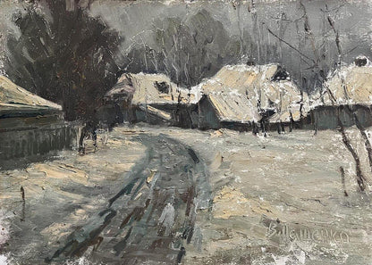 Oil painting Winter in the village by Volodymyr Pashchenko: snow-covered thatched cottages