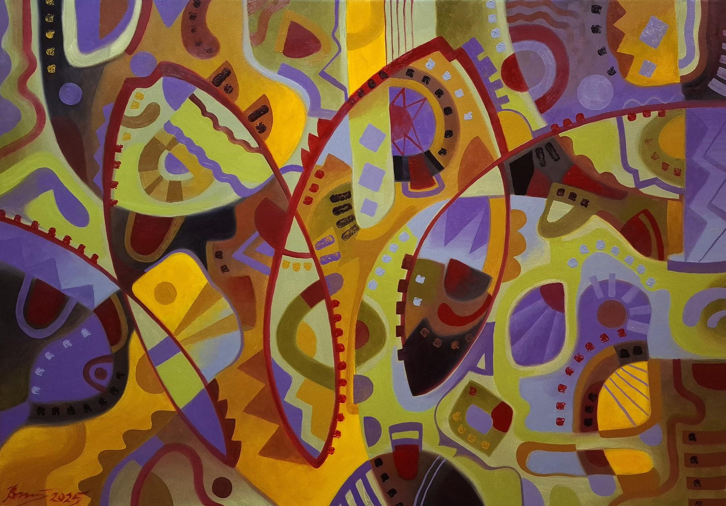 Vibrant Caribbean jazz oil painting by Sergiy Voichenko with bold geometric shapes