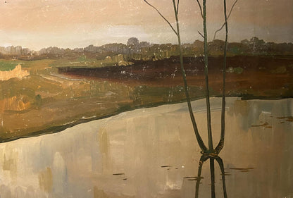 Oil painting Autumn Silence by Mykola Reznik: bare branches reflected in water