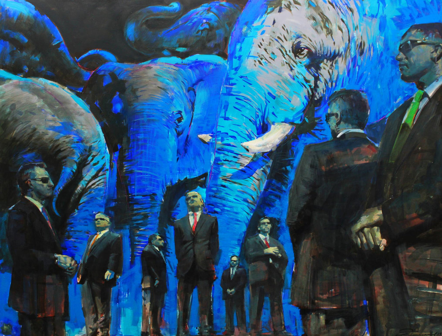 Vibrant blue elephant oil painting Bodygards by Ed Potapenkov