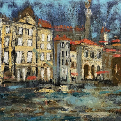 Impressionistic oil painting of rainy European cityscape by Serhiy Kovalev