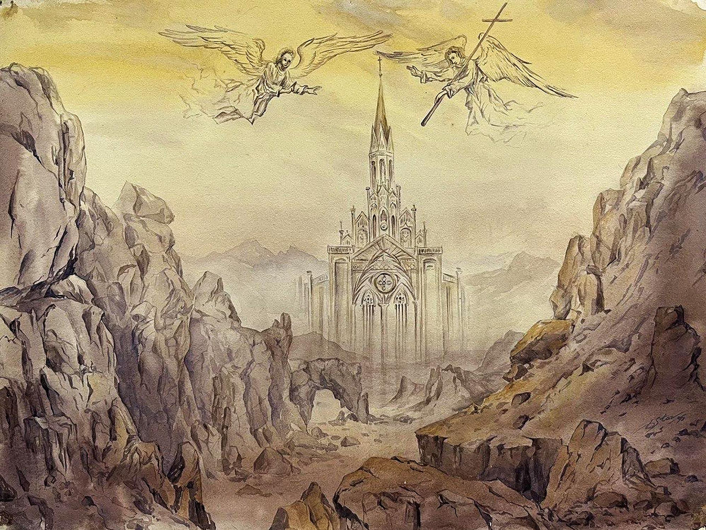 Watercolor Ghost of the Gothic cathedral by Dmytro Startsev amid cliffs