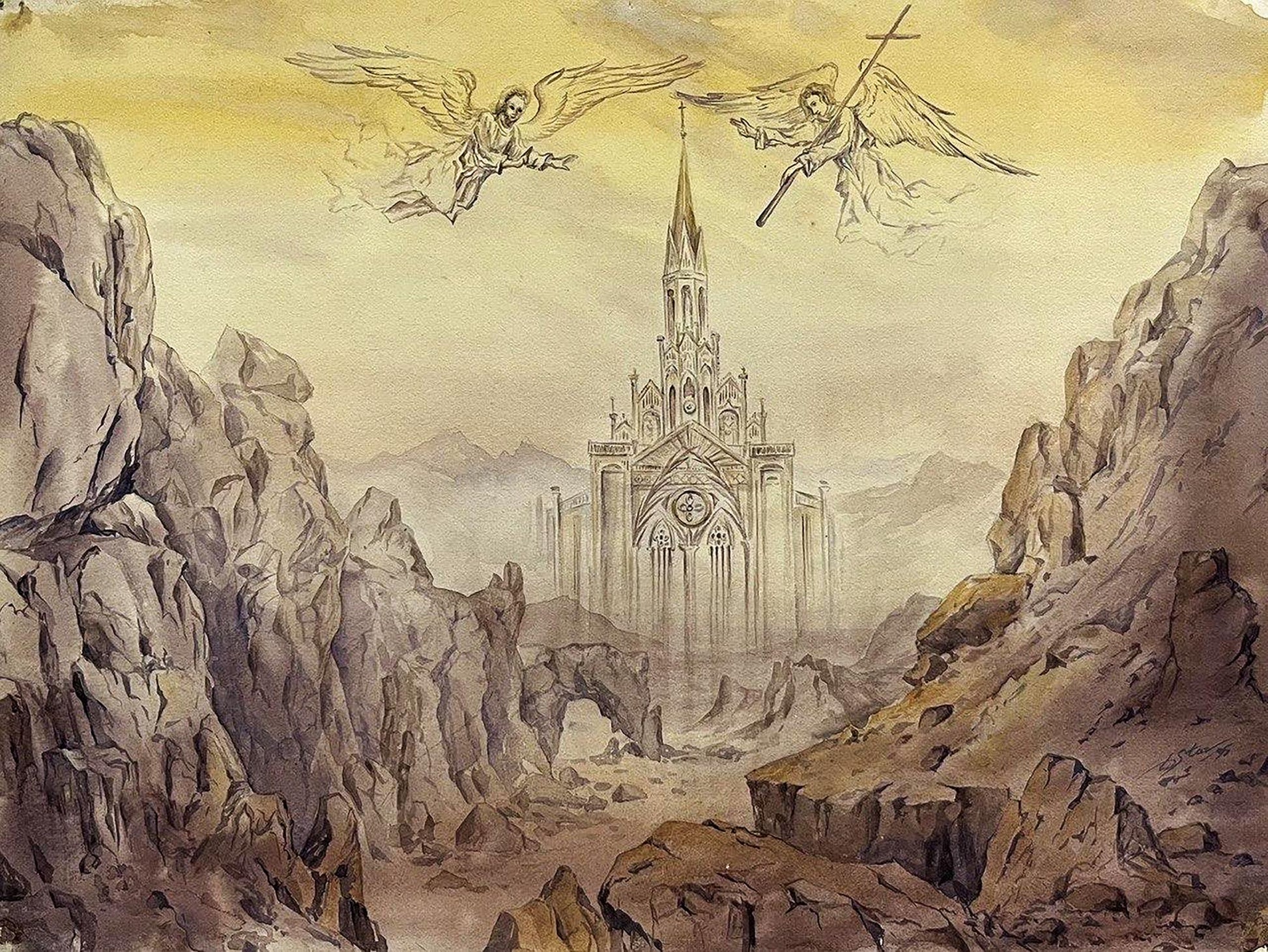Watercolor Ghost of the Gothic cathedral by Dmytro Startsev amid cliffs