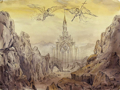 Watercolor Ghost of the Gothic cathedral by Dmytro Startsev amid cliffs