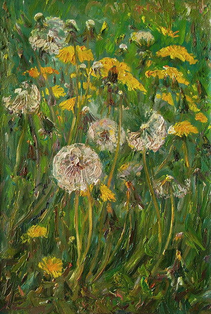 Oil painting of vibrant green dandelions by Leonid Pavlenko