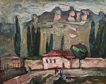 Oil painting In the Mountains by Oleksandr Andreev: rustic village scene