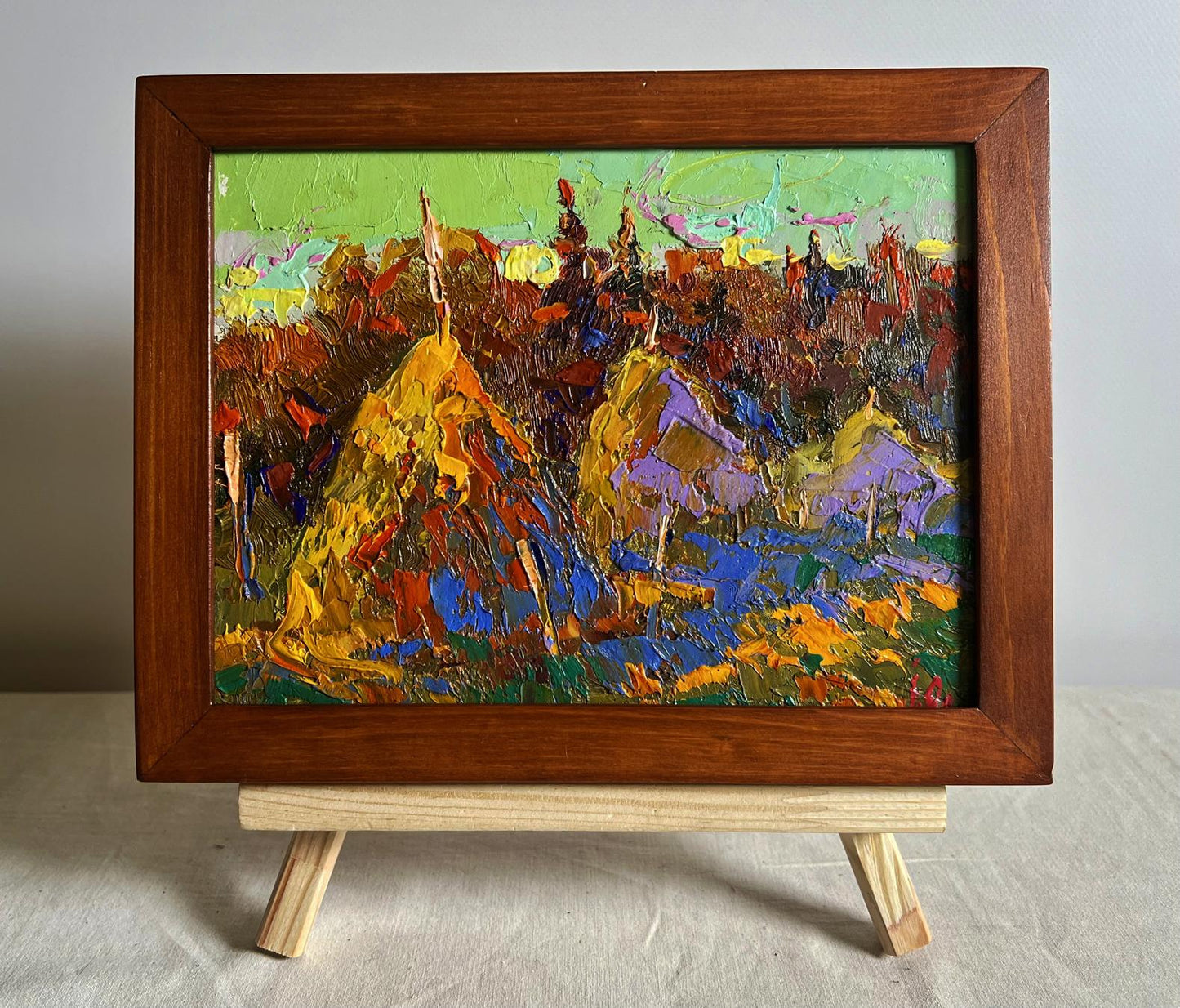 Oil painting The sun is setting by Oleksiy Ivanyuk, vibrant haystacks and trees in wooden frame
