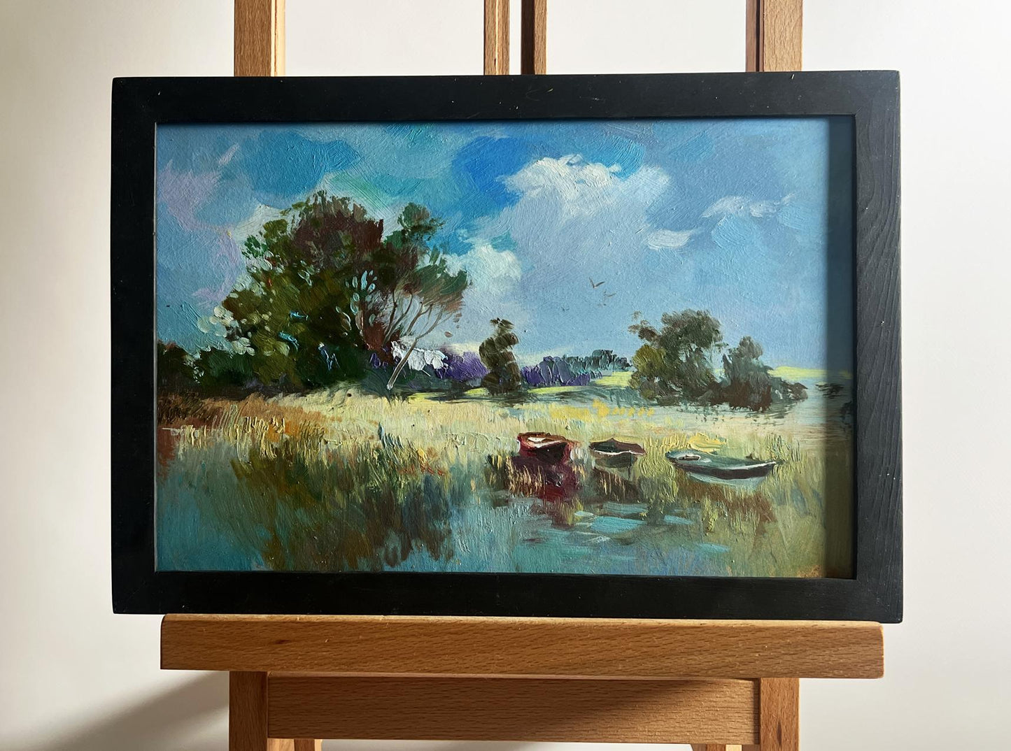 Framed oil painting Three boats on the river by Yuriy Suprunchuk