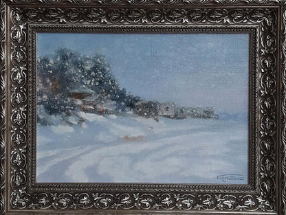 Ornate silver-framed oil painting It started snowing by Vasily Korkishko snowy landscape