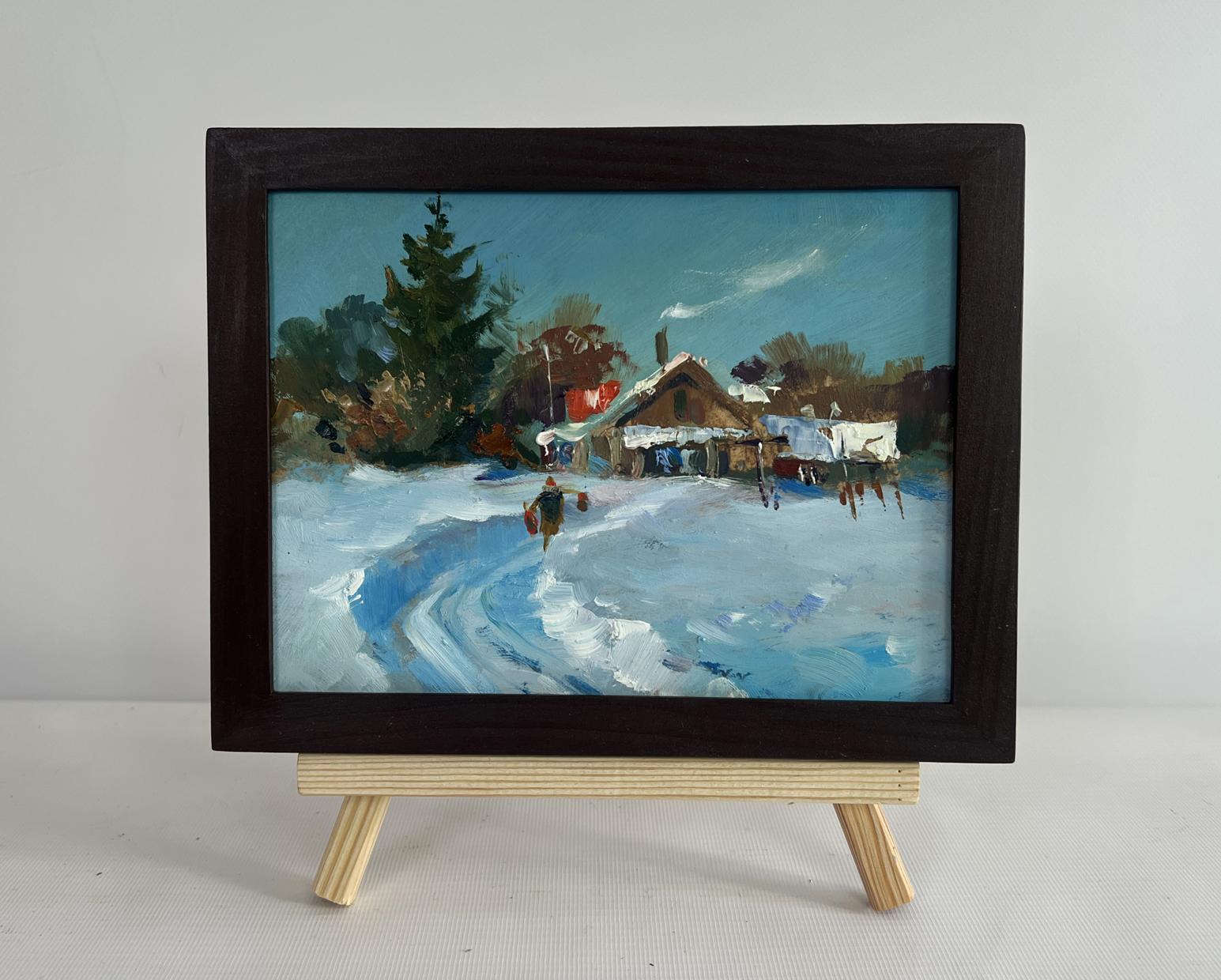 Oil painting Winter path leading home by Yuriy Suprunchuk in dark wood frame