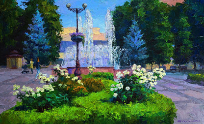 Vibrant oil painting of city square fountains by Boris Serdyuk