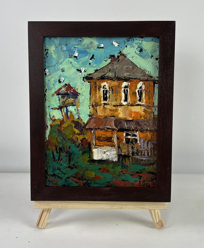 Oil painting Winds and sun of summer by Oksana Ivanyuk, rustic orange house under teal sky