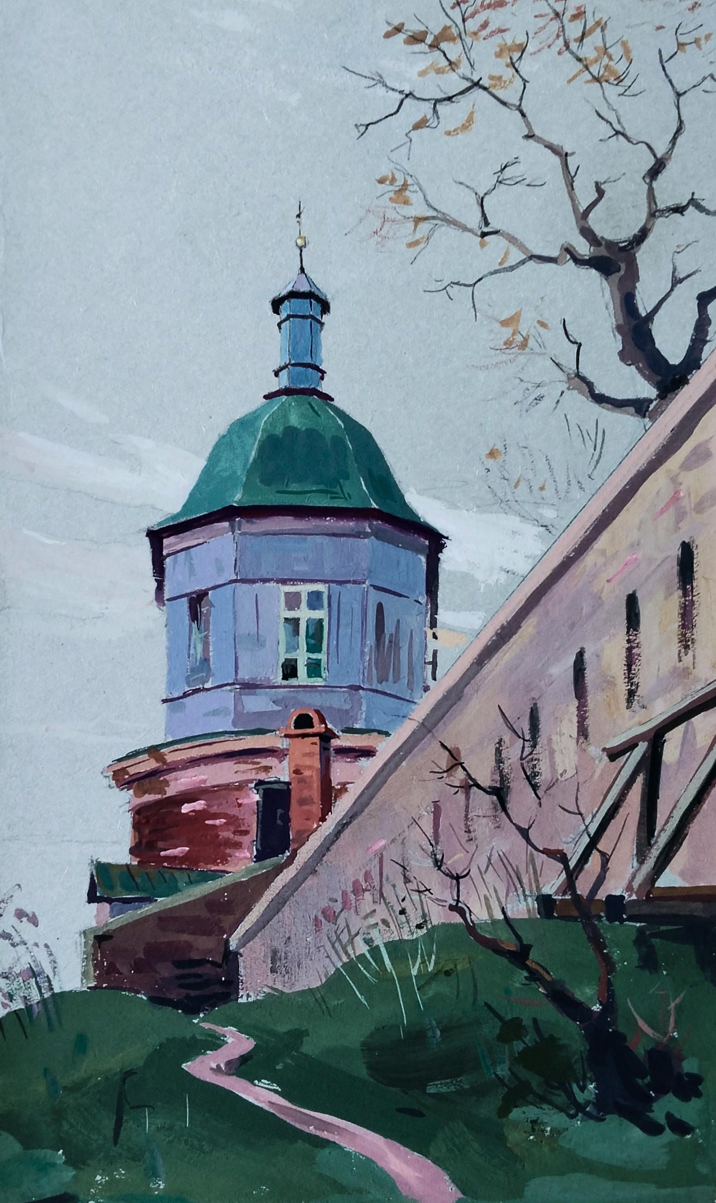 Gouache painting of Chapel of the Monastery by Vitaly Duhnevich, blue dome