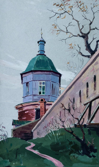Gouache painting of Chapel of the Monastery by Vitaly Duhnevich, blue dome