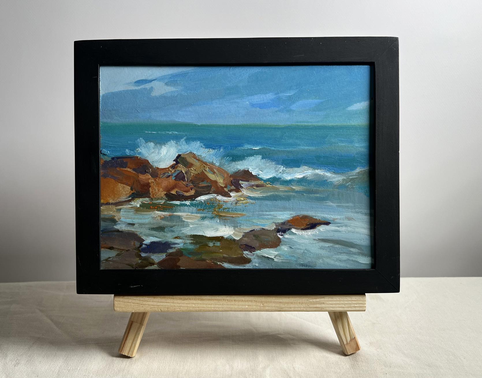 Framed oil painting by Yuriy Suprunchuk of waves crashing on rocks