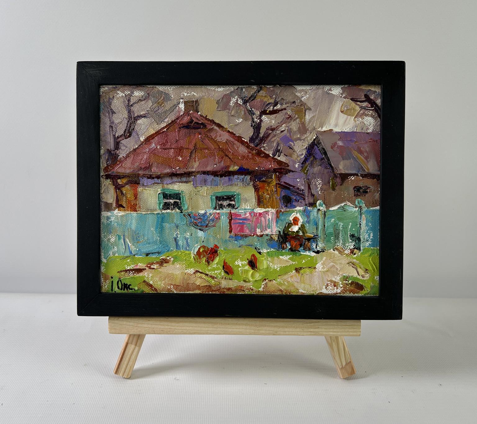Oil painting Yard in Sunset Light by Oksana Ivanyuk village scene