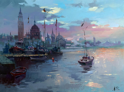 Oil painting Romantic sailing Yuriy Suprunchuk Venetian canal twilight scene