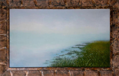 Oil painting Dawn of the River by Vasily Korkishko misty coastal scene