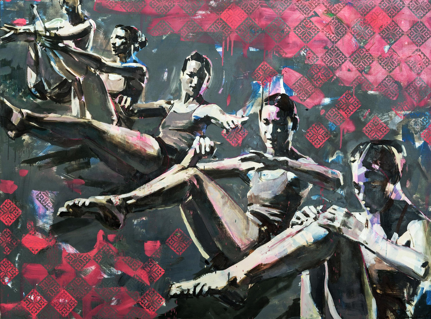 Oil painting by Ed Potapenkov: stylized dancers on red black background