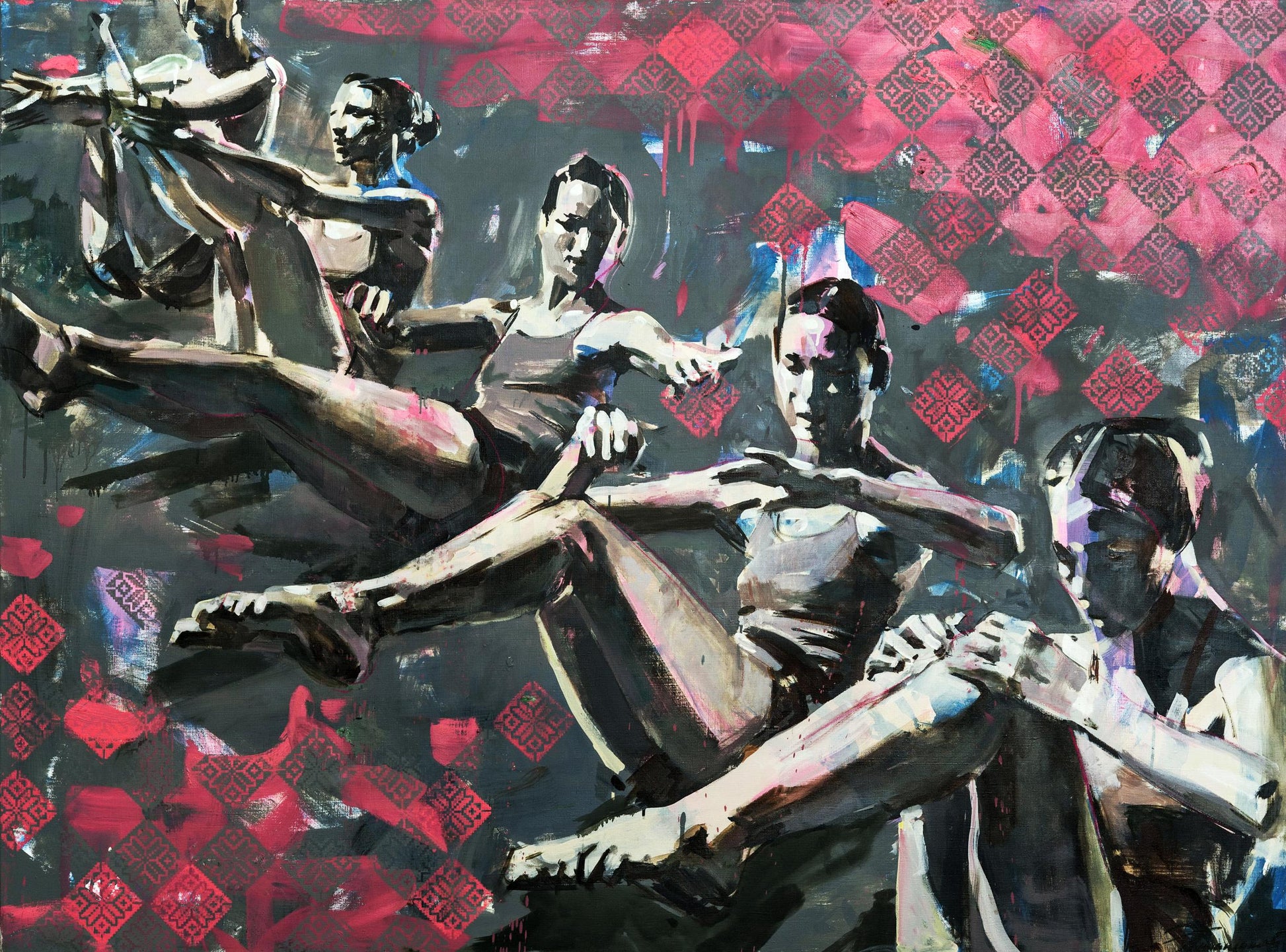 Oil painting by Ed Potapenkov: stylized dancers on red black background