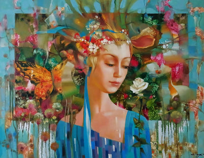 Abstract oil painting White rose Anatoly Tarabanov blonde woman in blue dress