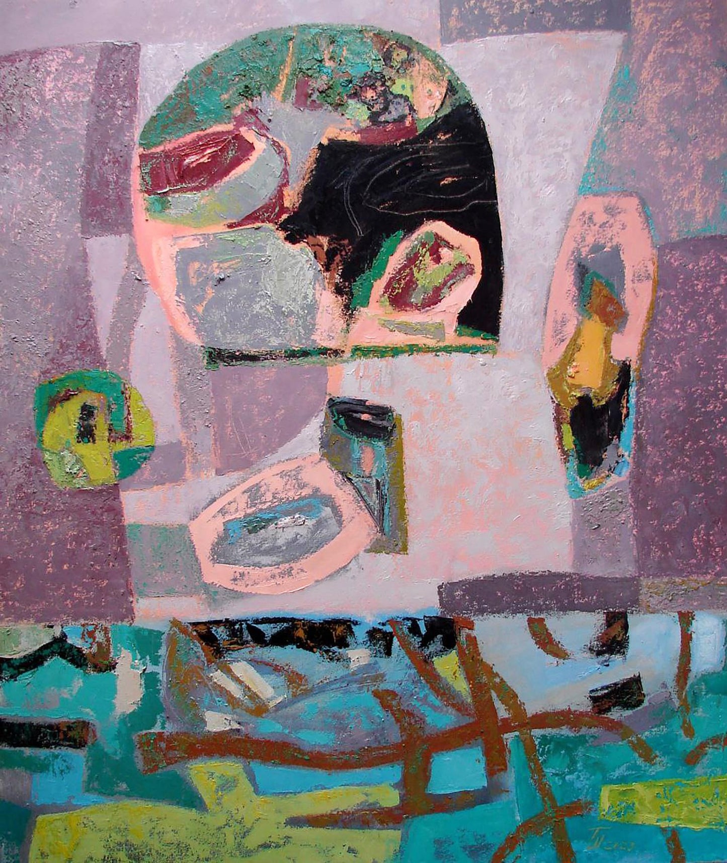 Oil painting Shape Transformation by Tatyana Shulyak in purples, pinks, greens, blues