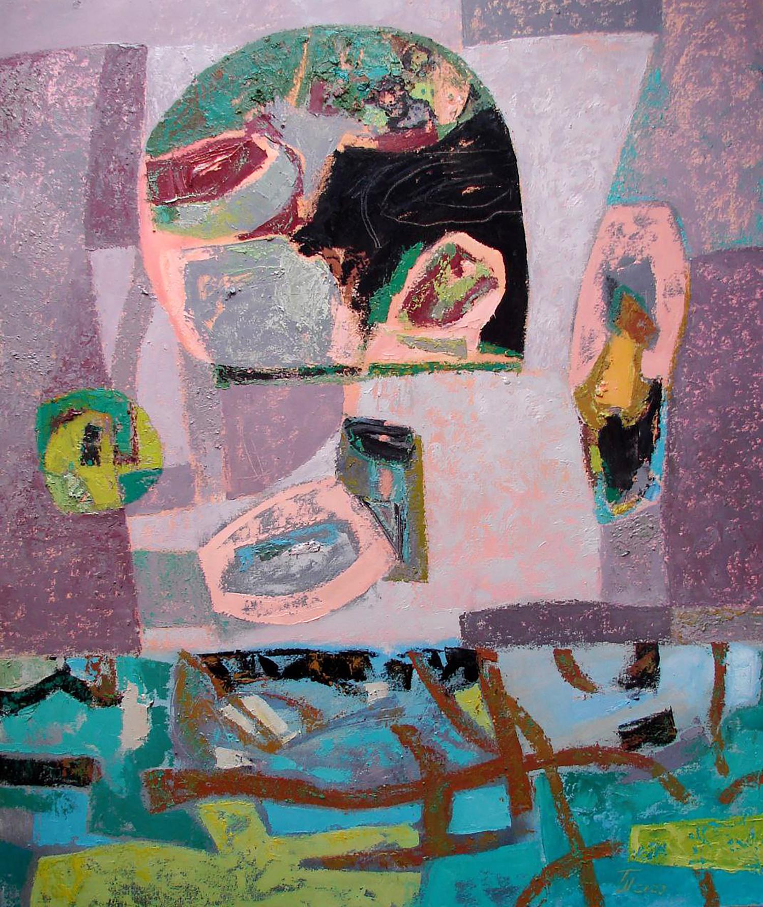 Oil painting Shape Transformation by Tatyana Shulyak in purples, pinks, greens, blues