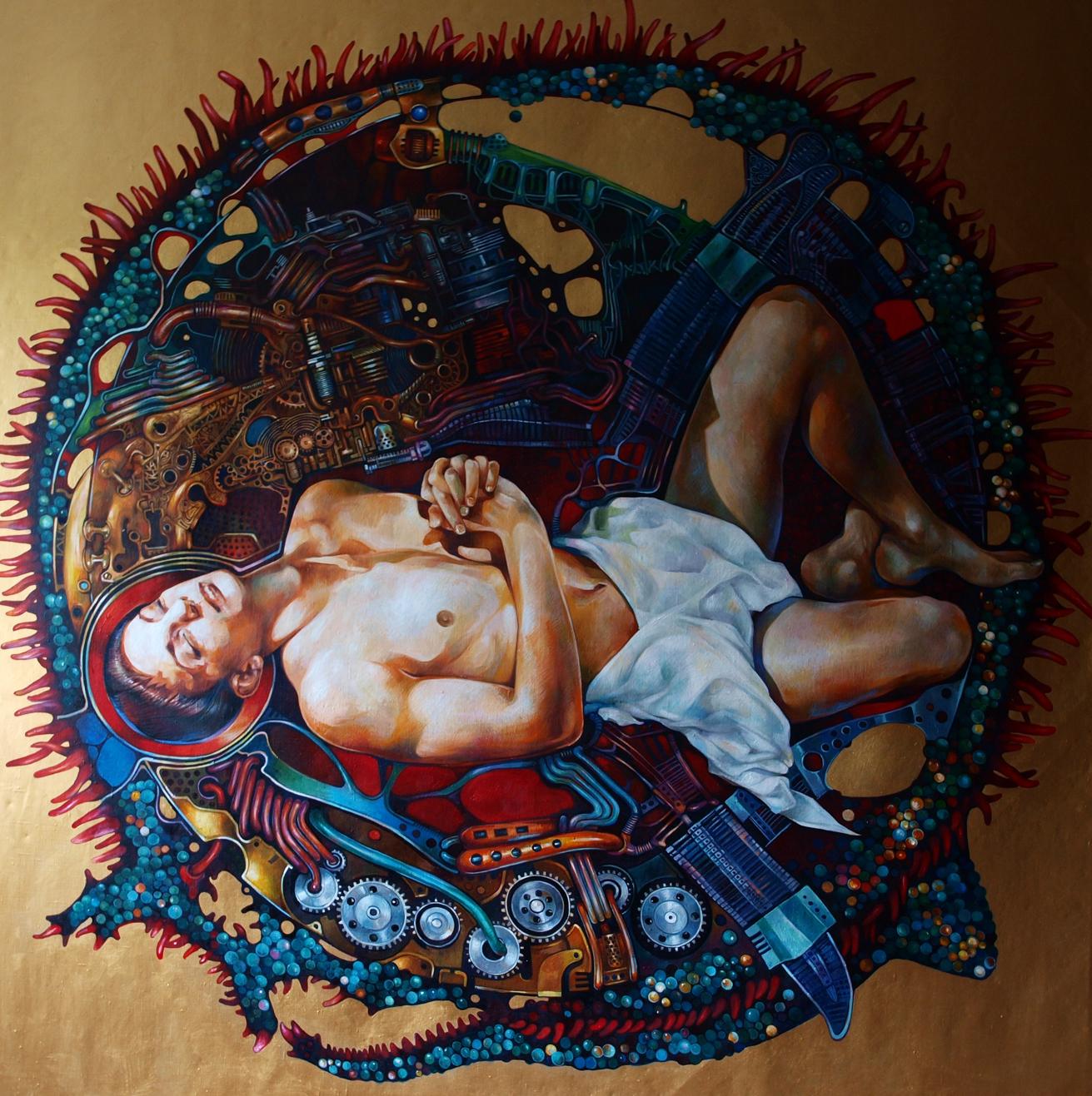 Oil painting Overcoming the Singularity by Konsta G. Amelinn: nude man in surreal mechanics