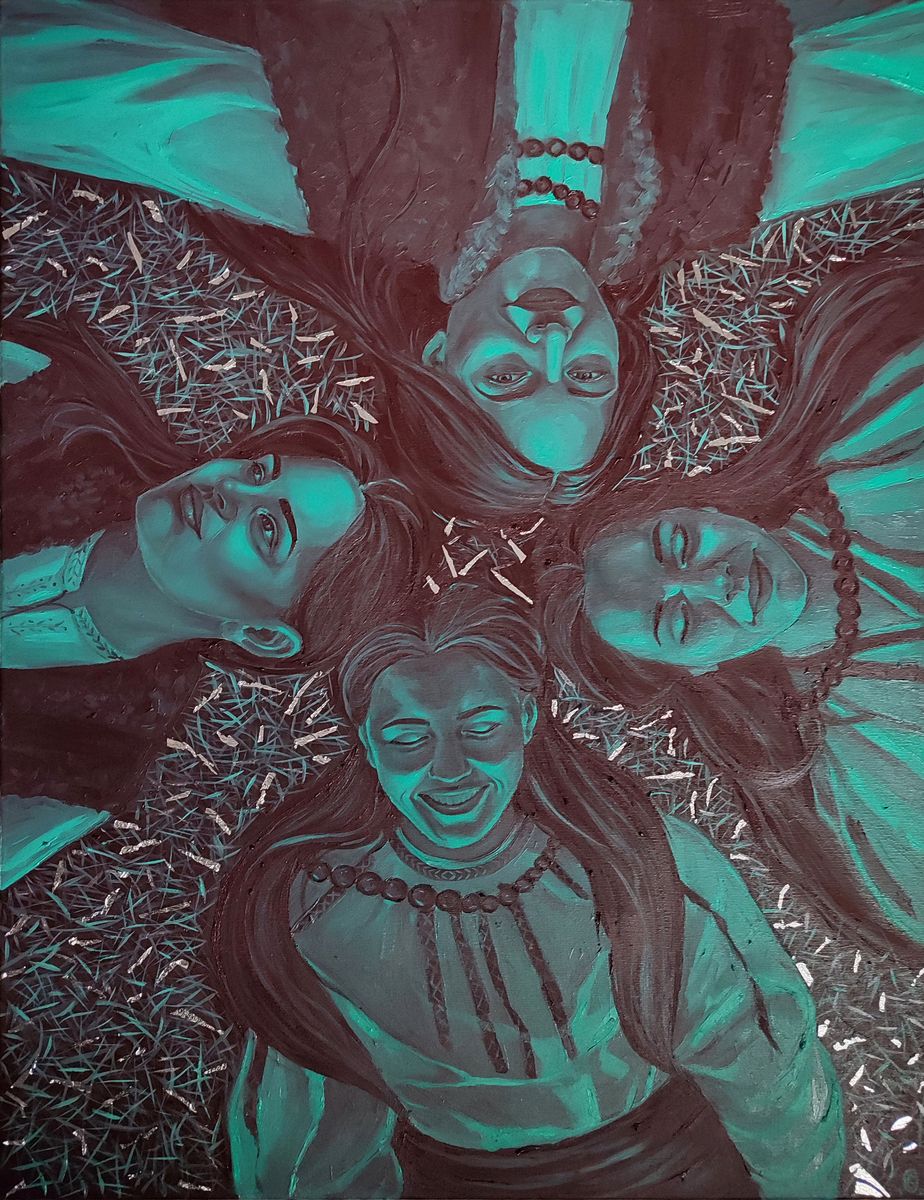 Teal oil painting Harmonious Womens by Oksana Sklym with four women in circle