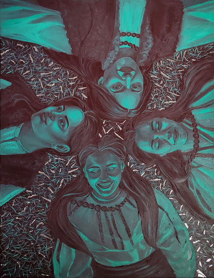 Teal oil painting Harmonious Womens by Oksana Sklym with four women in circle