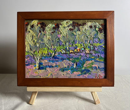 Vibrant impressionist oil painting In the Shade of the Garden by Oksana Ivanyuk in wooden frame