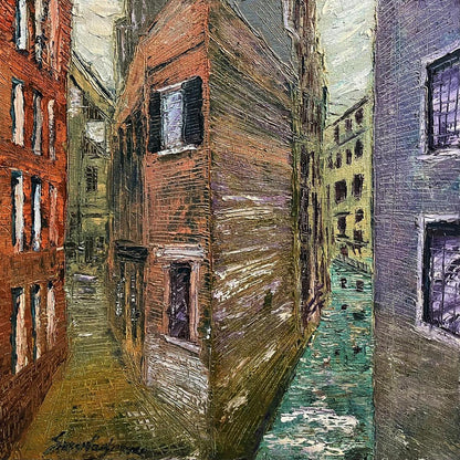 Oil painting by Serhiy Kovalev: textured Venetian alley and canal