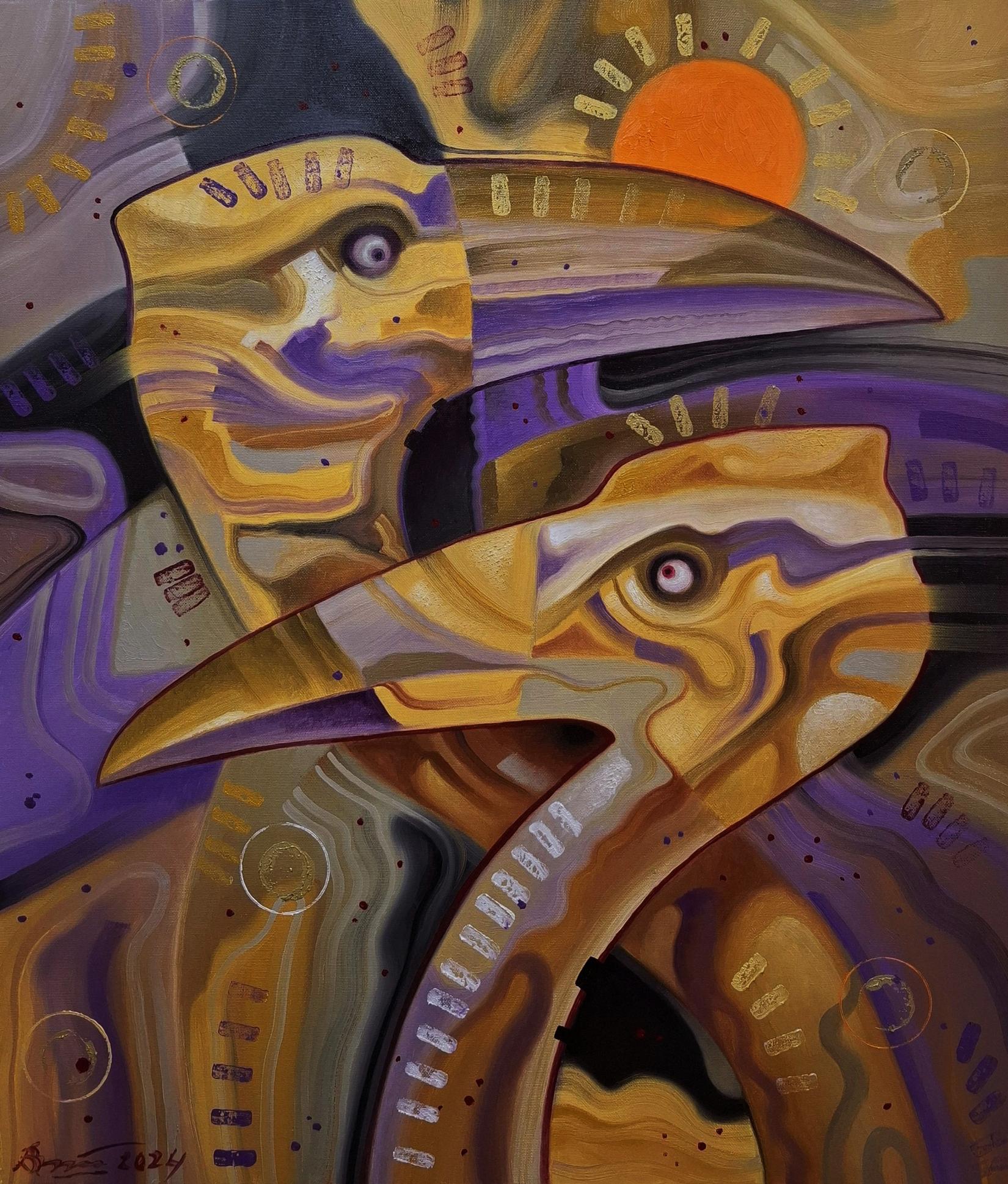 Oil painting The Lost World by Sergiy Voichenko with golden purple bird heads
